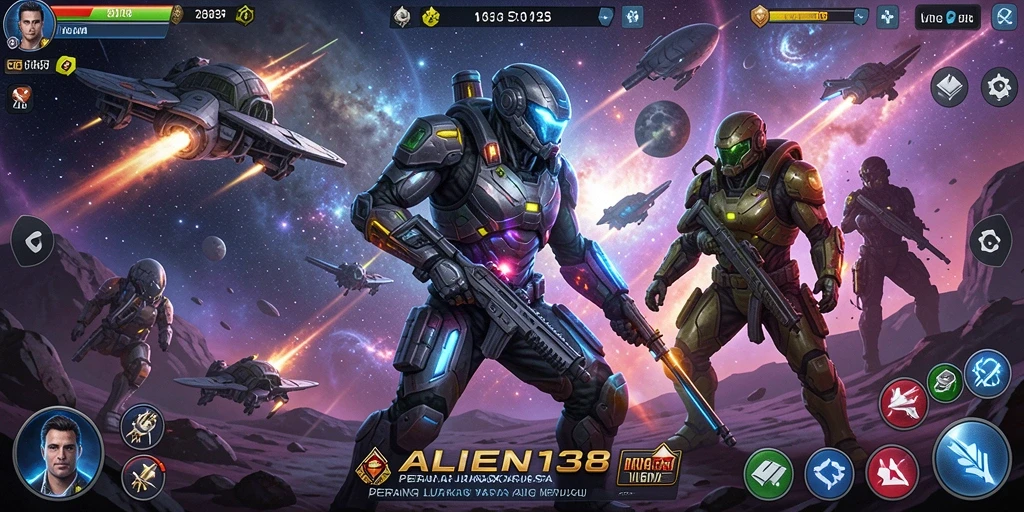 Screenshot gameplay ALIEN138 menampilkan aksi menembak yang seru dalam pertempuran luar angkasa.