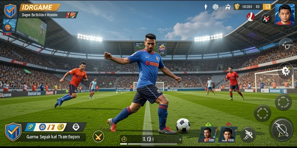 Screenshot gameplay IDRGAME menunjukkan aksi seru di lapangan sepak bola.