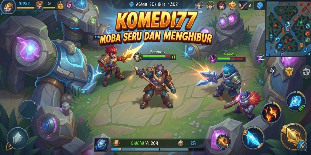 Screenshot utama KOMEDI77 menunjukkan aksi seru dalam pertempuran MOBA.