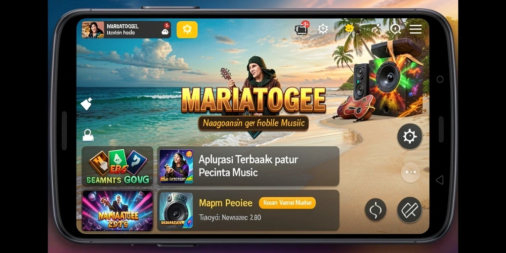 Screenshot MARIATOGEL menampilkan antarmuka menarik dan daftar lagu.