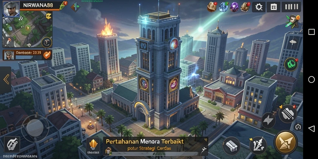 Tangkapan layar menunjukkan aksi menara dalam pertahanan yang seru.