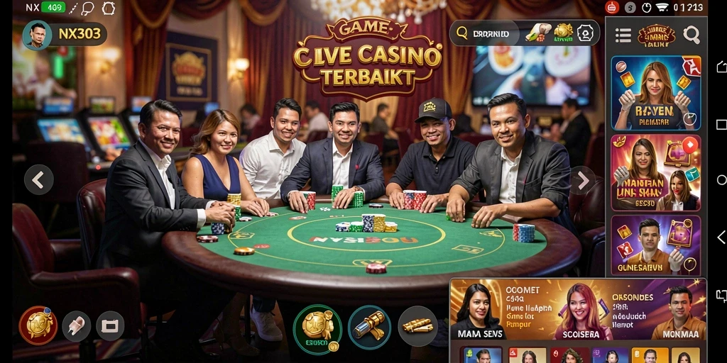 Screenshot NX303 menampilkan dealer profesional dalam permainan Live Casino yang menarik.