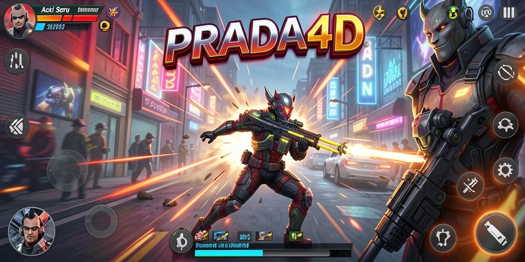 Tampilan aksi seru dalam gameplay PRADA4D dengan berbagai karakter.