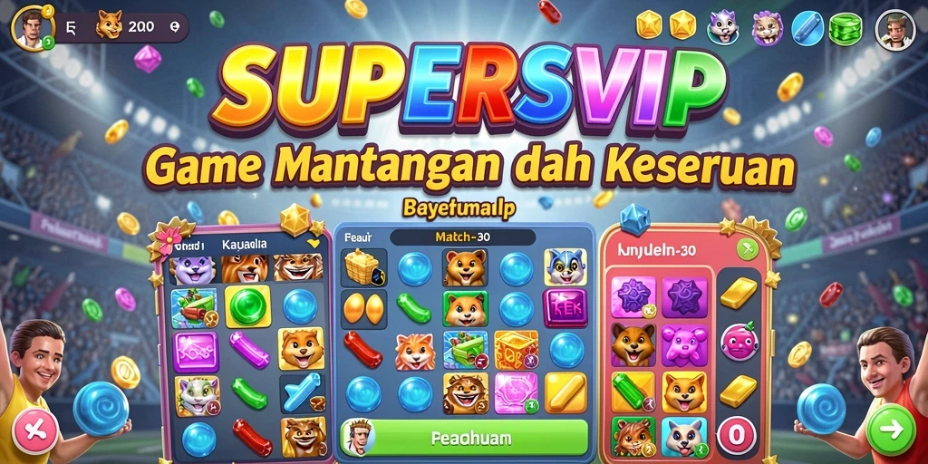 Screenshot gameplay SUPERSVIP menunjukkan kombinasi gem yang berwarna-warni.