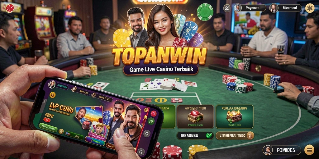 Tampilan gameplay TOPANWIN yang menampilkan dealer langsung dan suasana kasino.