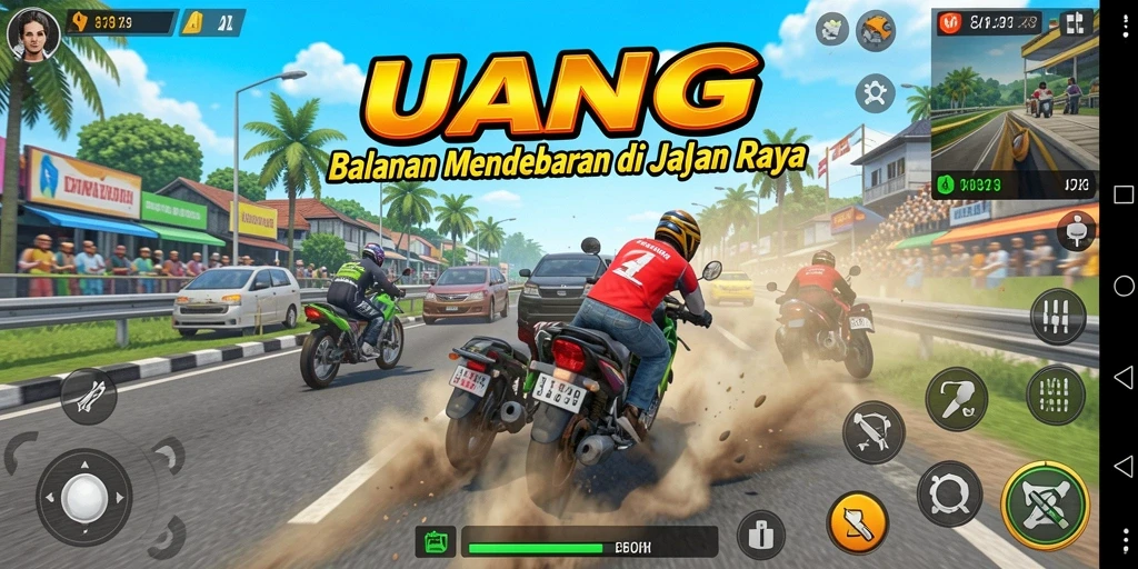 Tangkapan layar menunjukkan aksi seru balapan di UANG dengan grafis menakjubkan.